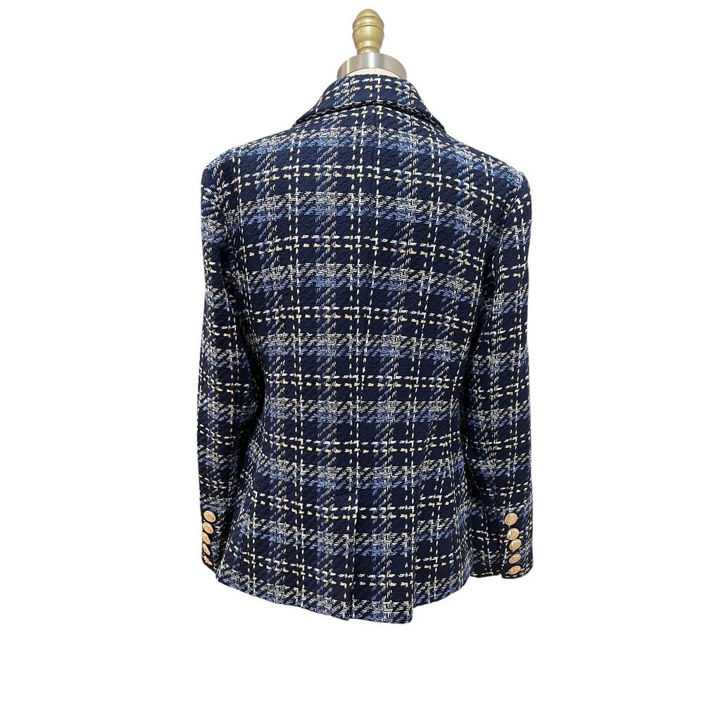 Boston Proper Blazer Womens Size 10 Blue Plaid Tweed Gold Button Double Breasted - Picture 6 of 13